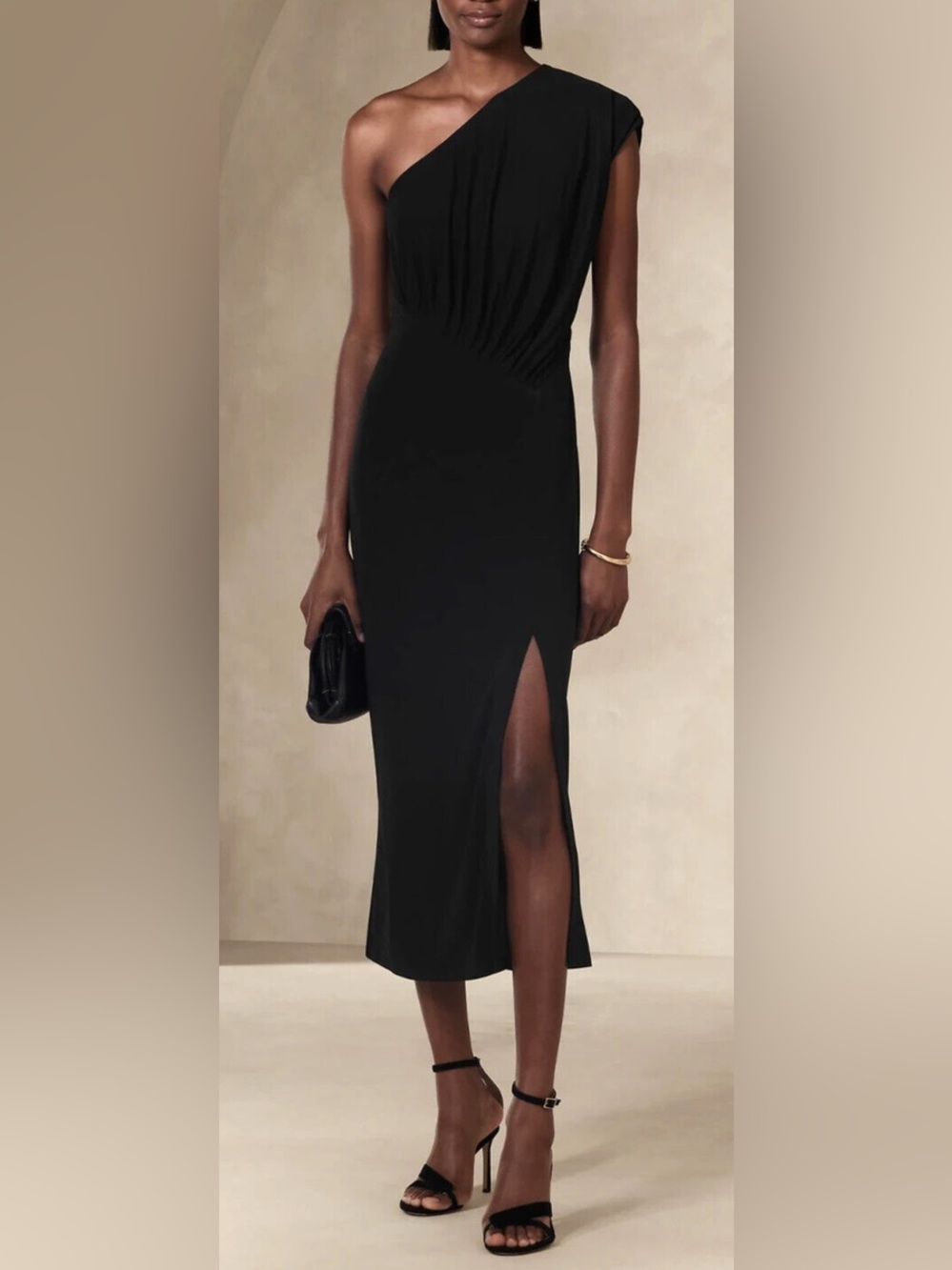 NEW Banana Republic Classy Black Radhi One-Shoulder Midi Cocktail Dress size M